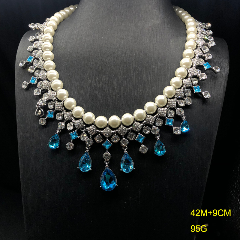 轻奢时尚优雅蓝水滴莱茵石项链耳钉套装精致百搭珍珠串珠颈链耳饰