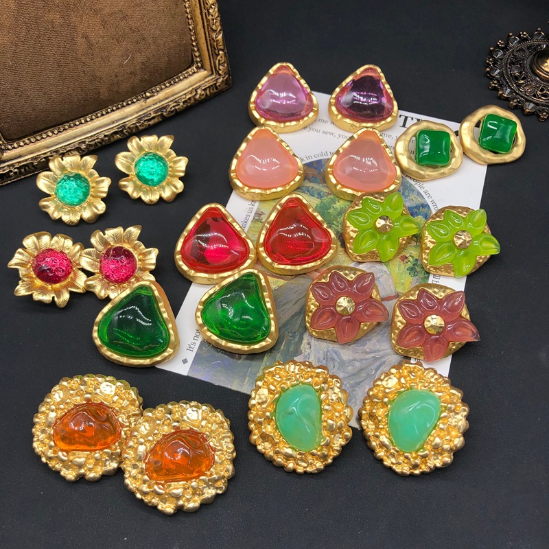 中古vintage饰品彩色果冻树脂设计耳饰镀真金耳夹耳钉福利款促销