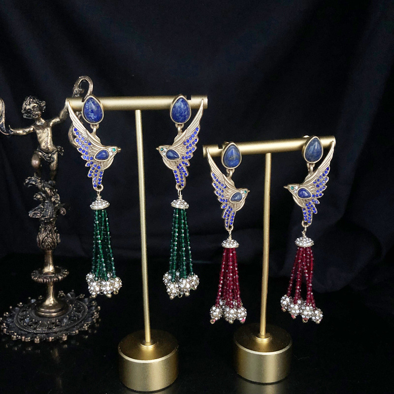 中古vintage耳饰左右面小鸟设计镶钻青金石琉璃流苏长款百搭耳钉
