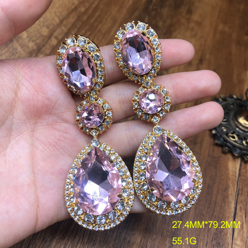 中古vintage紫粉水滴钻镶嵌莱茵石长款扫肩耳钉耳夹精致百搭耳饰