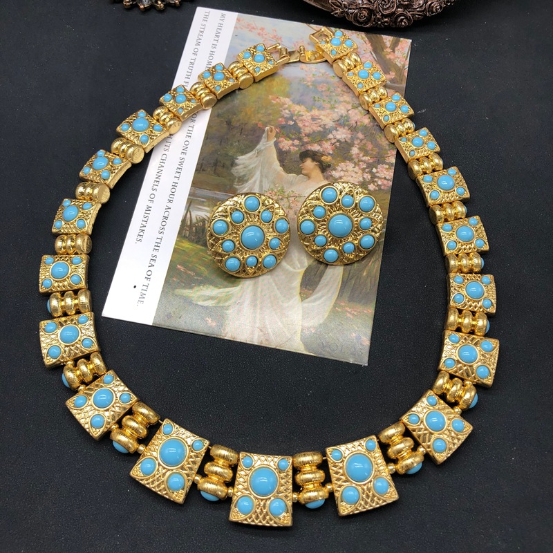 中古vintage设计感项链重工百搭颈链耳钉套装精致时尚绿松石饰品