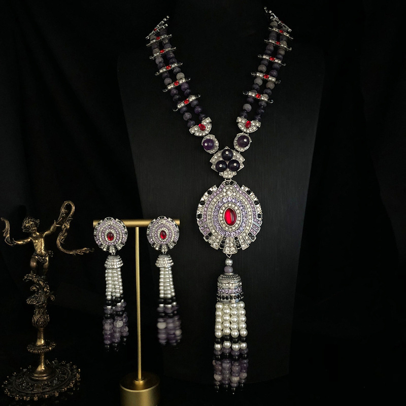 时尚复古风饰品紫晶算盘珠珍珠设计项链长款扫肩流苏耳钉耳夹套装