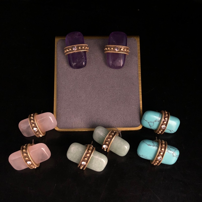 复古时尚vintage轻奢耳饰简约设计粉晶青金绿玉石绿松石百搭耳钉