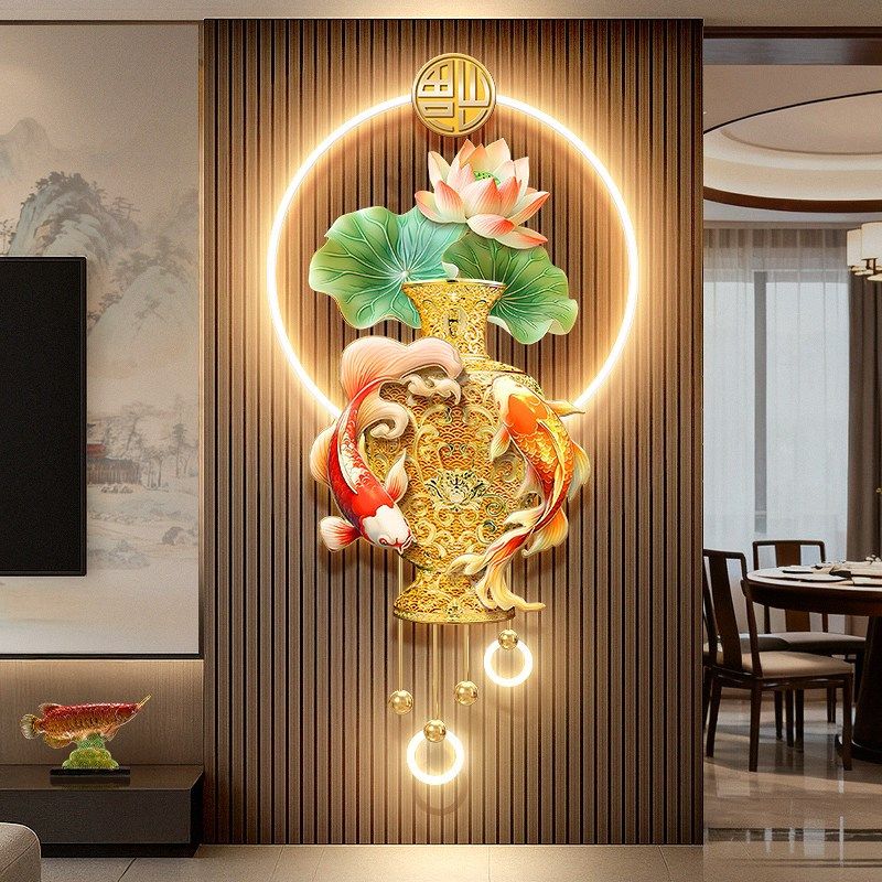 新花瓶安如意客厅电视格栅装饰挂件F新中式荷花锦鲤玄关背景墙壁,家居饰品,现代装饰画,淘宝优惠券,粉丝福利购,淘宝优惠卷