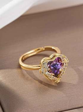 韩版海洋之心经典轻奢复古女爱心彩色水晶开口戒指潮流指环戒指