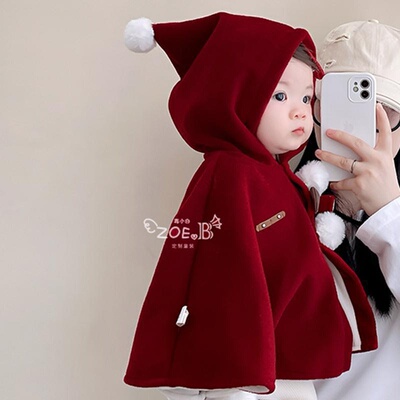 2025新款秋冬加绒婴儿女童披肩斗篷红色外出挡风保暖加厚儿童披风
