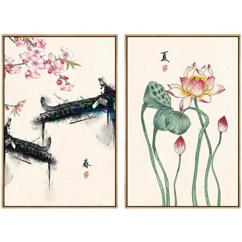 I6F9春夏秋冬客厅装饰画桃花莲花挂画禅意莲蓬壁画新中式茶室