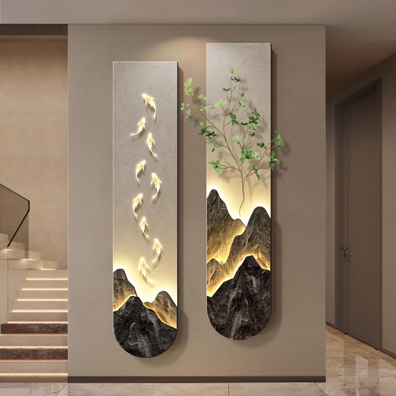 九鱼图玄关装饰画现代轻奢走廊尽头挂画立体背有T靠山客厅双联壁图片