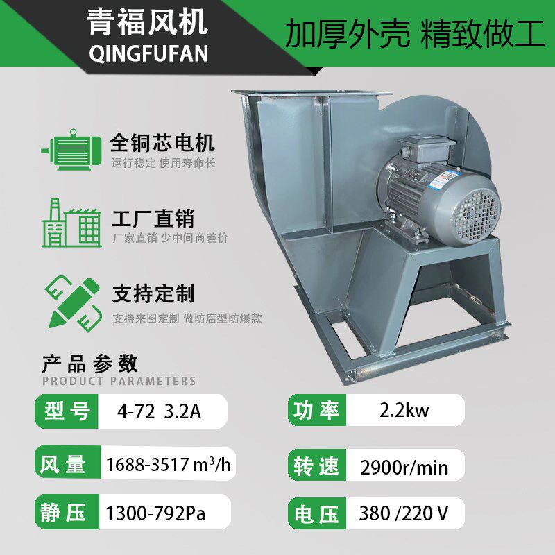 新款工业用4-72管道多r翼式蜗牛离心风机380V中压抽风机大功率包