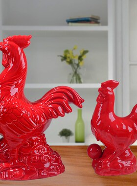 开嘴陶瓷红色鸡摆件招财风水生肖摆设闭嘴公鸡家居客厅Z玄关装饰