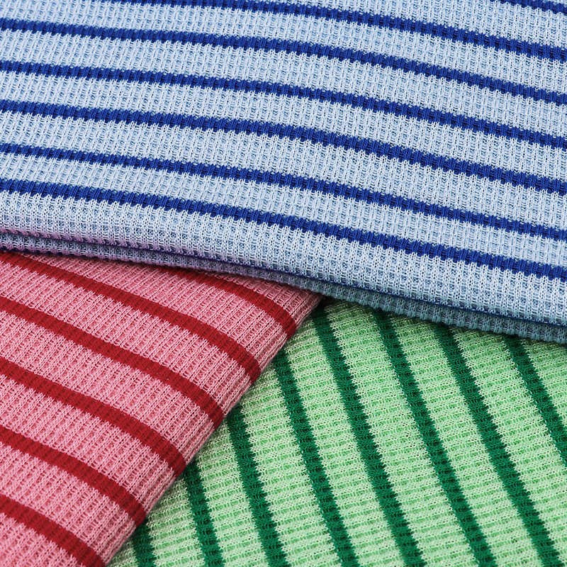 四季款涤棉罗纹面料 男女休闲服横间条纹针织螺Q纹布 双面华夫格
