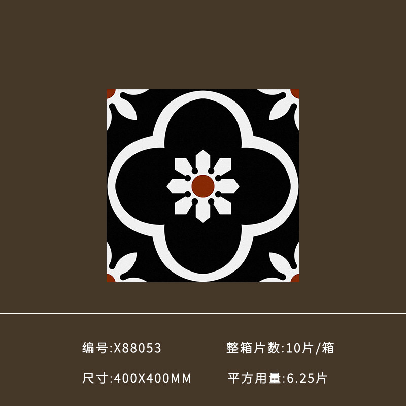 法式400400花砖厨房化妆室防滑地砖玄关阳台拼花地板砖黑白壁砖