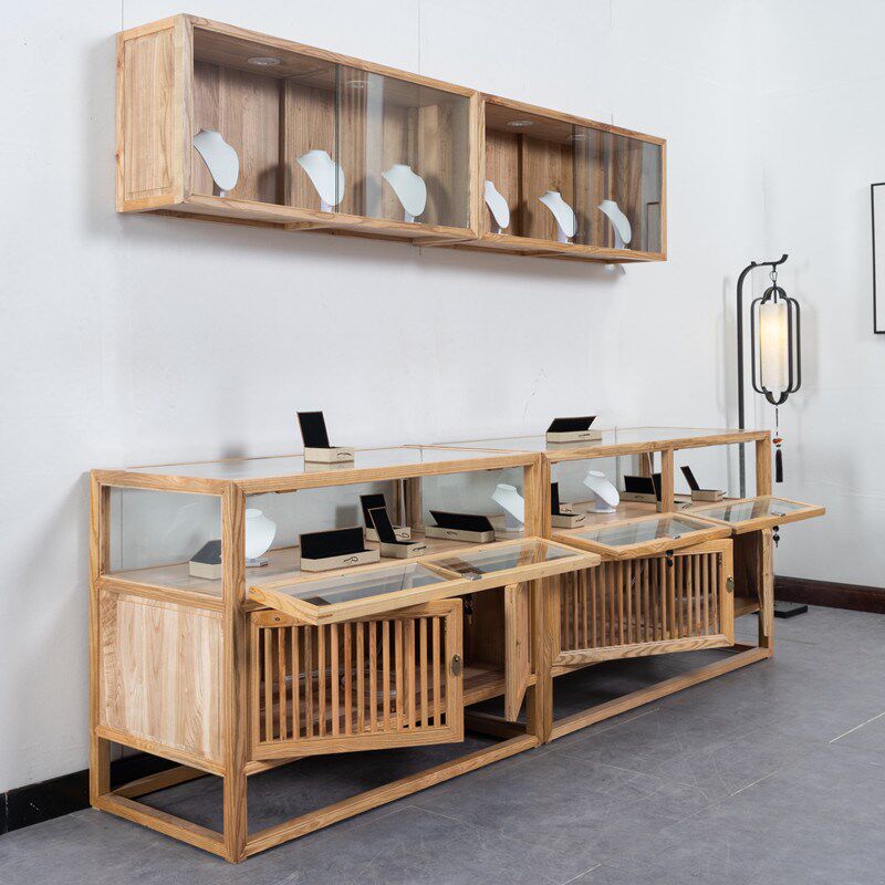 实木珠宝展示柜复古玉器展示柜玻璃中G岛柜台中式吊柜壁柜原木展