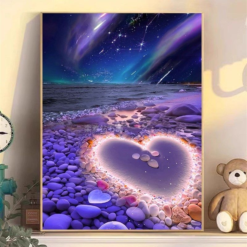 2024新款玄关DIY方钻满钻钻石画紫色浪漫海边心形彩Y石贴钻钻石绣