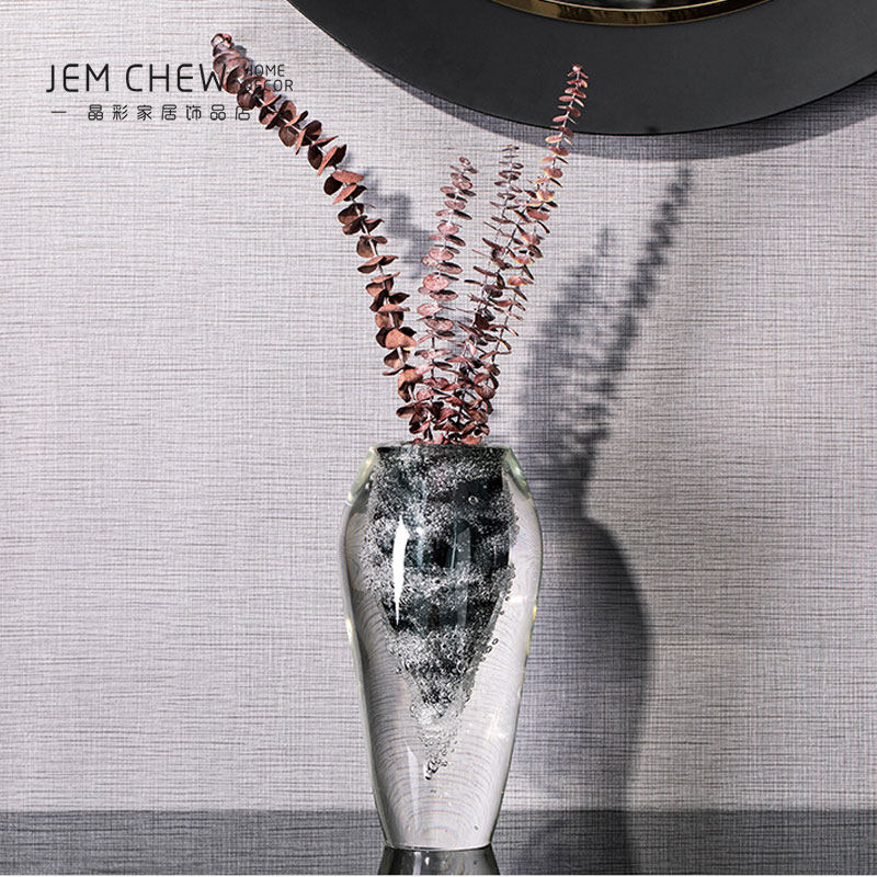 现代轻奢灰厚实水晶玻璃花瓶摆件样板房酒店别墅展U厅玄关软装饰