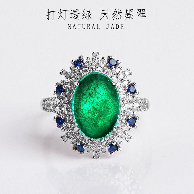 s925银女款a货翡翠墨翠蛋面冰种玉石戒指指环高档天Y然可调节包邮