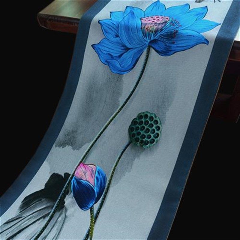 掌柜推荐新中式水墨蓝防水桌旗莲花茶席棉麻桌布玄关Y柜防尘布床,居家布艺,桌旗,淘宝优惠券,粉丝福利购,淘宝优惠卷