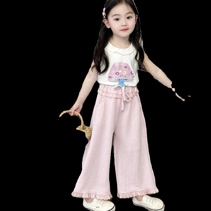 现货女童背心外穿夏装2024纯棉卡通跨栏无袖上P衣女孩韩范儿童体