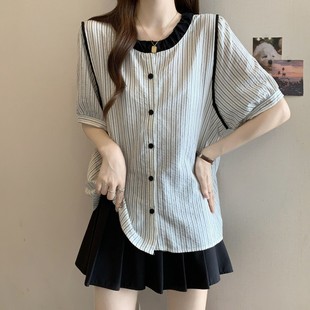百搭上衣 拼接撞色衬衫 女夏季 大码 微胖mm宽松显瘦洋气减龄遮肚小衫