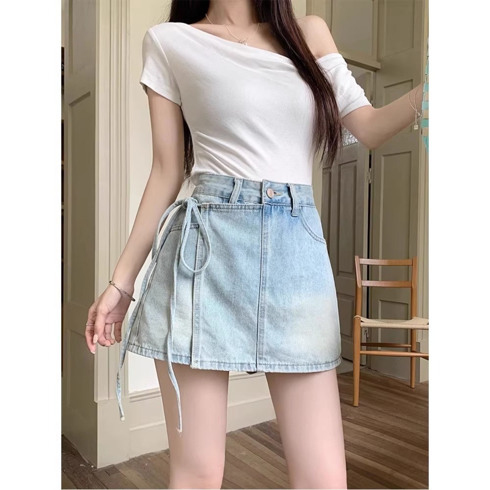 弹力高腰胖mm牛仔短裤女夏季显瘦百搭直筒阔腿防走光a字裙裤kx大