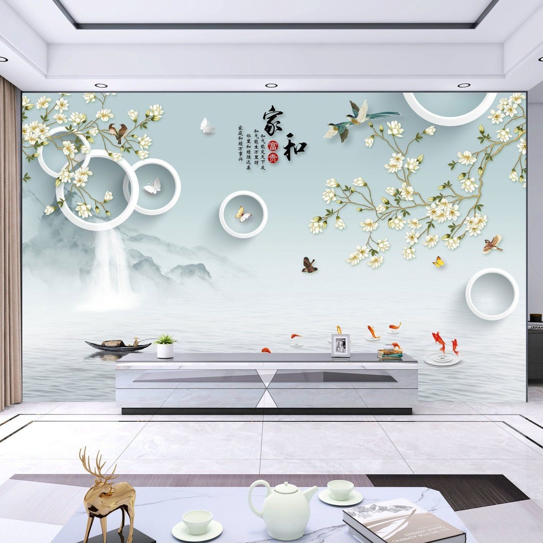万人抢2023新中式客厅电视沙发背景墙自粘壁画卧室现代简约风格贴