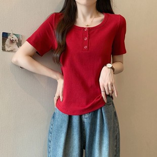 女百搭時(shí)尚 2025夏裝 胖mm大碼 圓領(lǐng)純色顯瘦正肩短袖 新款 6399