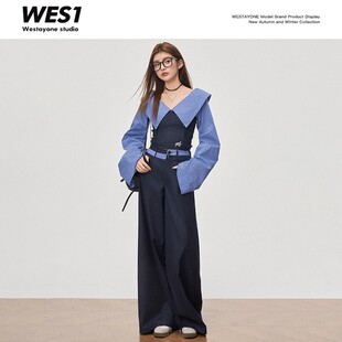 WESTAYONE一字肩条纹拼接显瘦修身上衣学院休闲裤