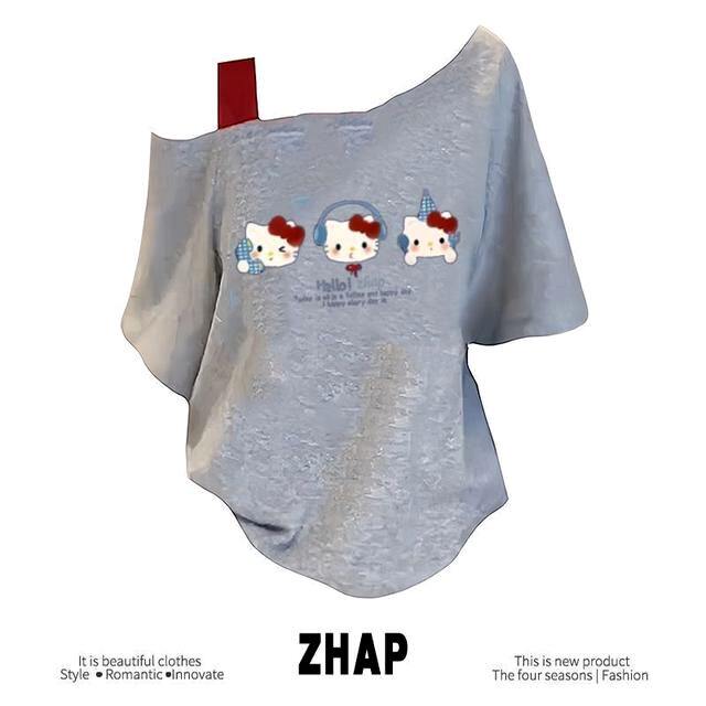 【ZHAP】新款单肩露肩吊带宽松短袖t恤女浅灰色吊带夏季外穿kitty