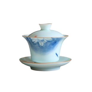 手绘三才盖碗不烫手大号陶瓷功夫茶具泡茶碗影青釉家用手工泡茶杯