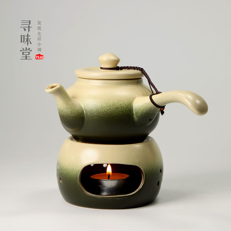 竹青古陶煮茶壶|侧把壶+底炉 日式粗陶蜡烛暖茶炉陶瓷功夫茶具