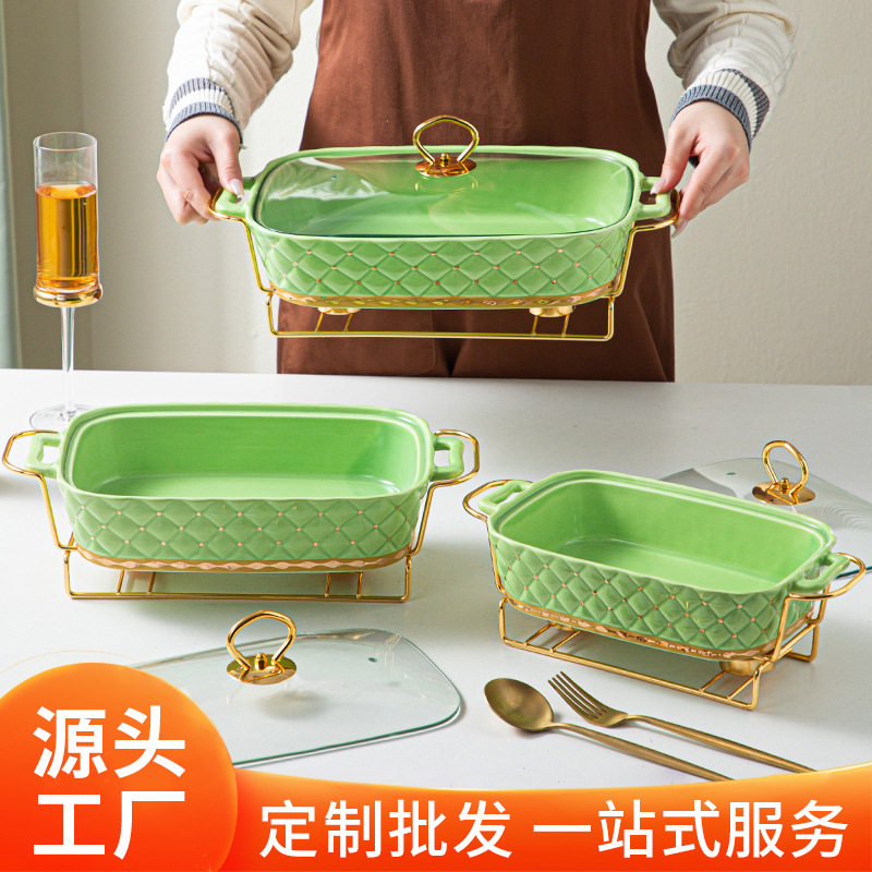 北欧风长方陶瓷汤锅家用酒店餐具砂锅架蜡烛加热鱼盘双耳干锅批发