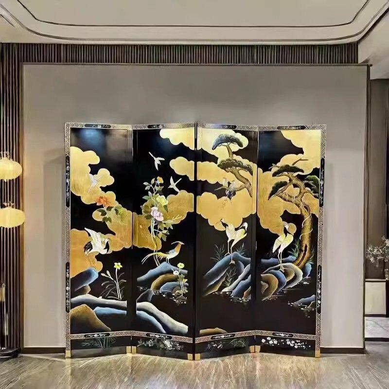 中式手绘复古漆画屏风黑底花鸟折屏客厅隔断茶室玄关背景遮挡屏风