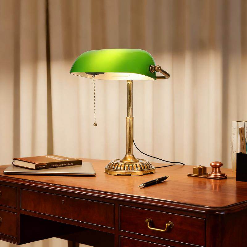 银行家绿色玻璃复古台灯带拉开关家庭办公室图书馆钢琴装饰灯