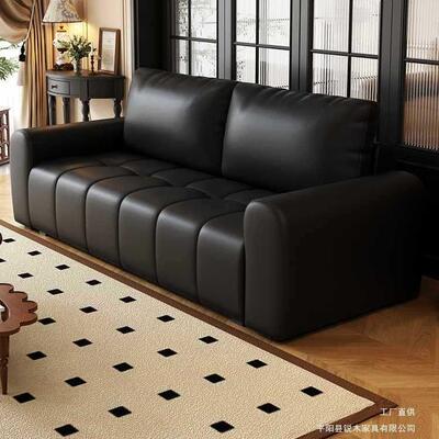 黑色小户型客厅意式极简直排双三人休息区办公室接待沙发简约现代