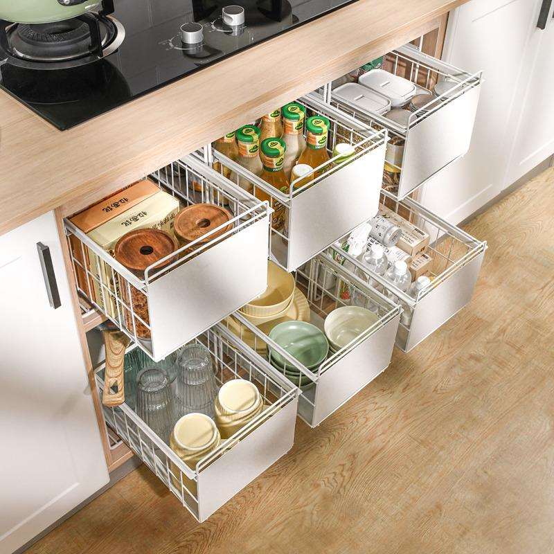 KBQ1橱柜碗碟抽屉收纳分隔柜子内餐具杯子储物篮单层厨房抽拉式置