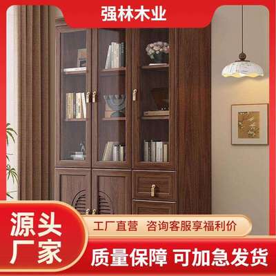 新中式办公室实木书柜落地储物柜一体整墙带玻璃门带抽屉家用柜子