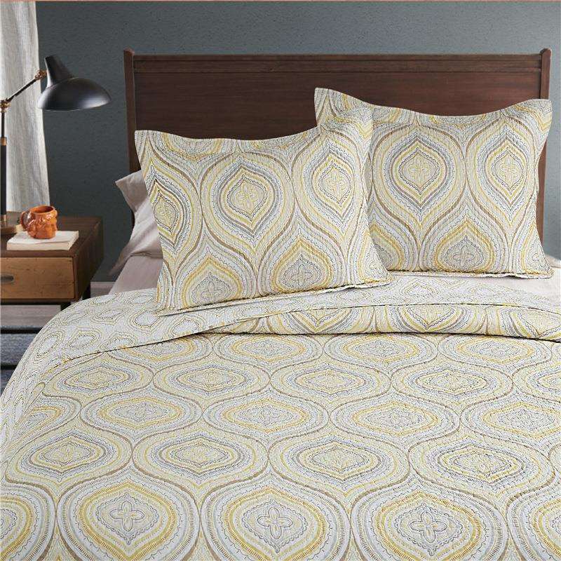 高品质纯棉床盖田园风活性印染三件套夹棉防滑大床单黄色织梦