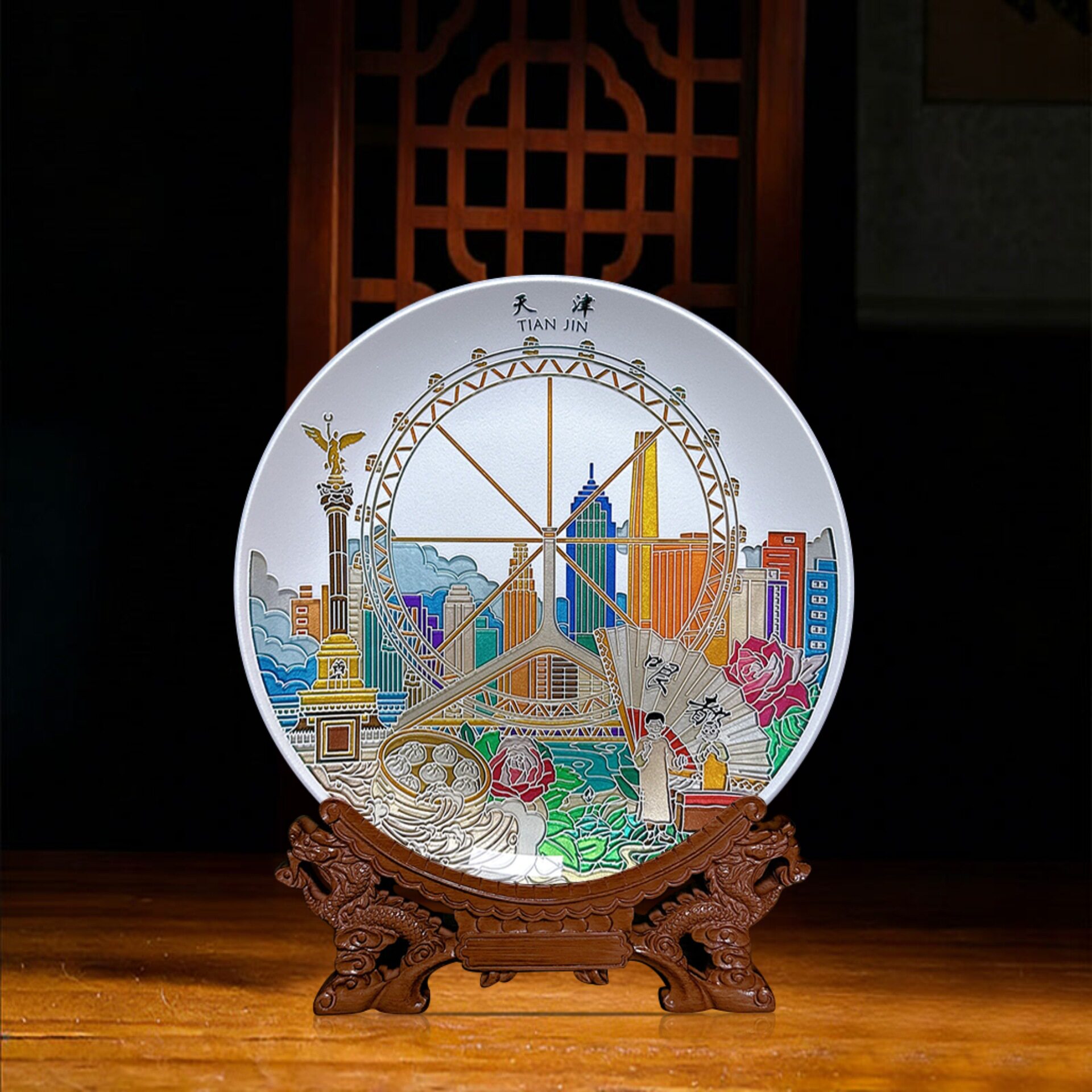 百福十年老店制造天津城市风光特色景点晶雕盘双面晶雕手绘纪念盘