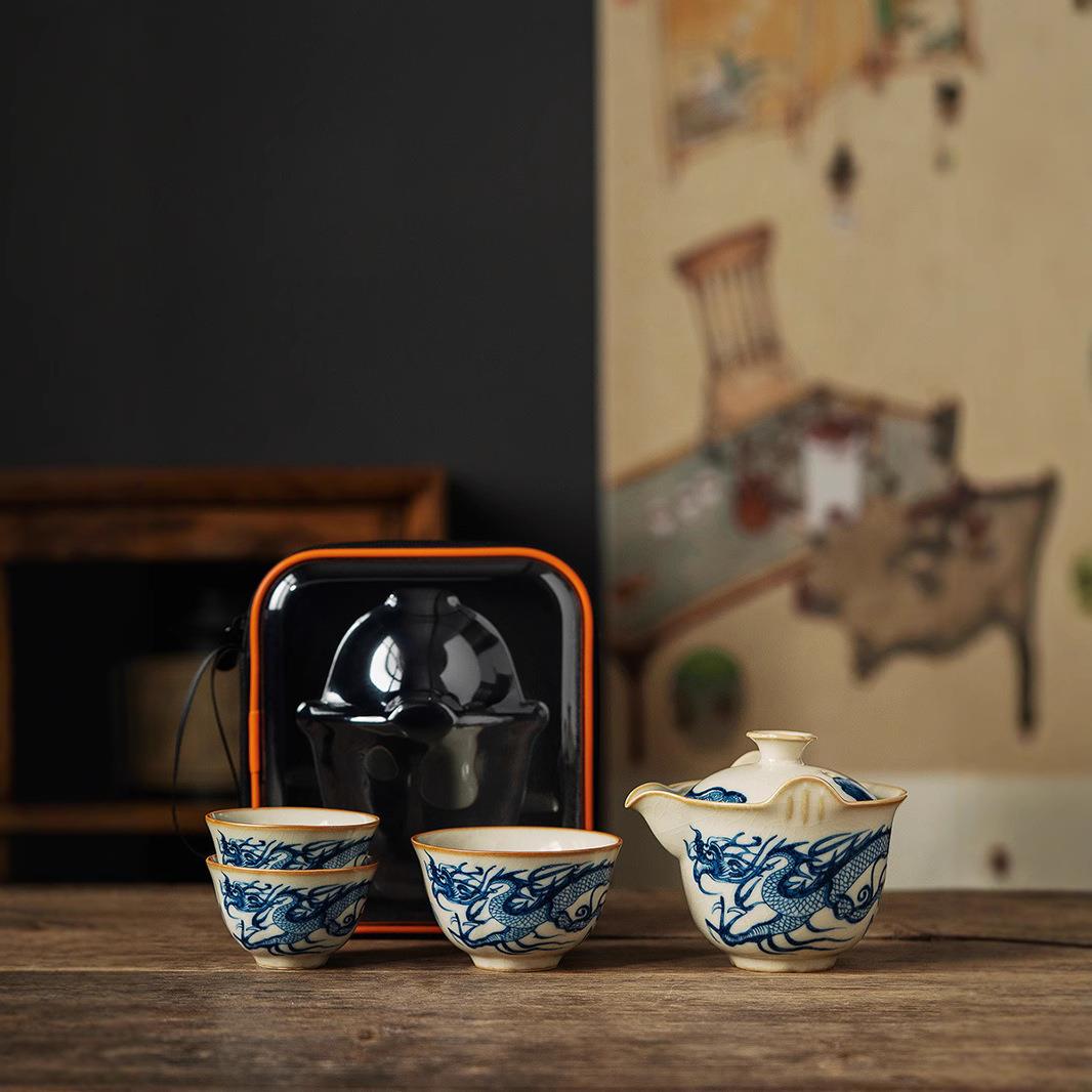 汝窑快客杯旅行茶具一壶三杯户外露营茶具套装喝茶装备陶瓷便携式