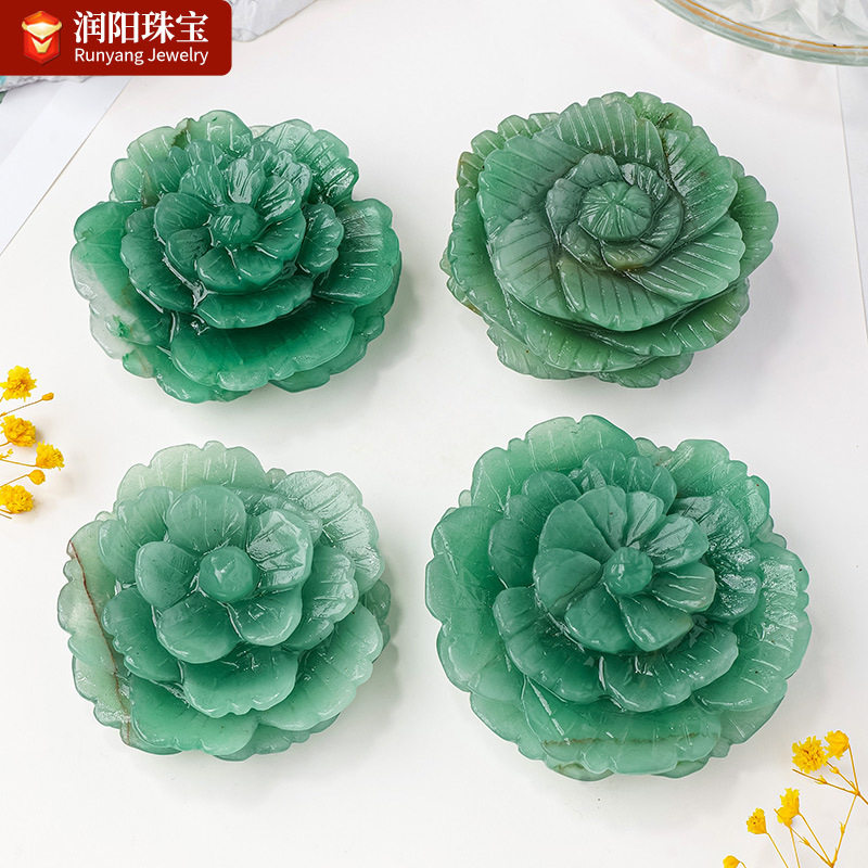 天然水晶东陵玉牡丹花雕刻件原石打磨水晶工艺品家居桌面装饰摆件