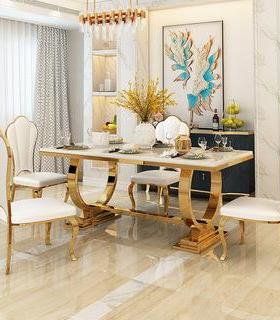 港式轻奢不锈钢大理石家用吃饭桌子现代简约餐桌椅茶几组合