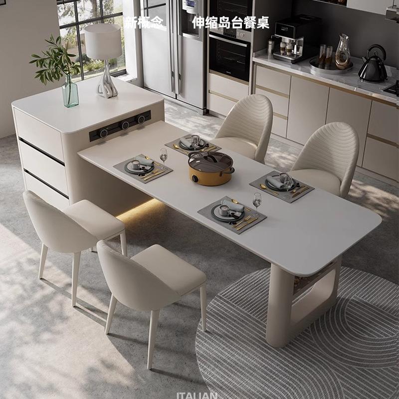 意式轻奢餐桌岛台一体家用高级感厨房餐厅岩板中岛台餐桌椅组合