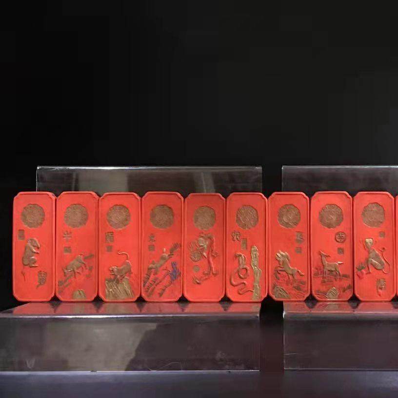 古玩朱砂老墨块摆件十二生肖套装鼠牛虎兔龙蛇马羊猴鸡狗猪摆饰