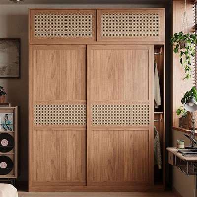 藤编中古风推拉门衣柜小户型家用卧室储物柜北欧滑移门成品大衣橱