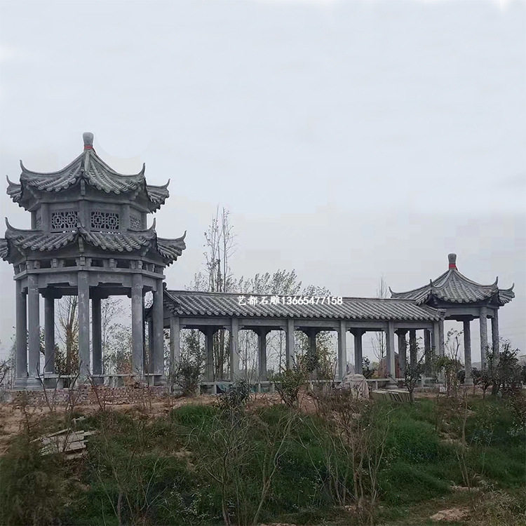 石雕凉亭中式欧式六角八角石凉亭园林广场别墅石亭浮雕龙柱亭子