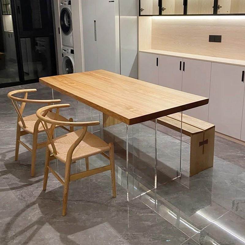 亚克力悬浮餐桌家用饭桌轻奢实木办公桌设计师创意书桌原木大板桌