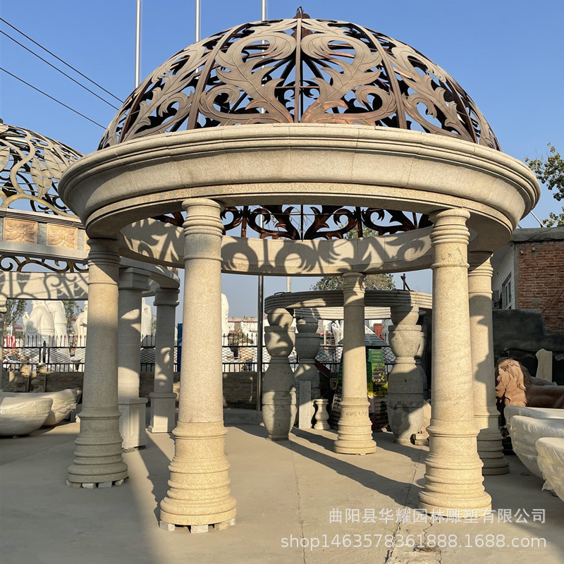 欧式石雕凉亭雕塑户外别墅圆形大理石黄锈石铁艺穹顶欧式罗马柱石