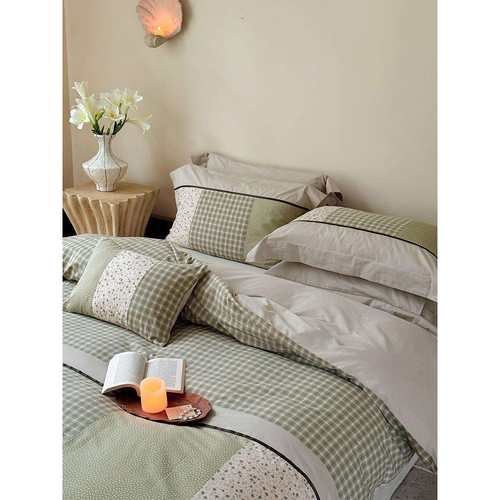 复古森系全棉水洗棉简约刺绣拼接四件套小碎花清新床单被套床品