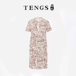 TENGS滕氏女装夏季新款休闲写意印花圆领棉质连衣裙宽松高腰线
