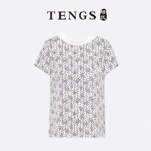 TENGS简约碎花短袖拼接针织衬衫
